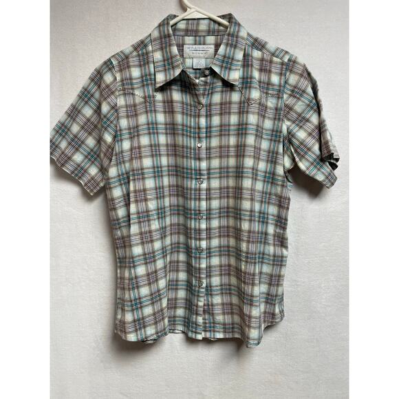 Wrangler Blues pearl snap mens short sleeve button shirt Medium blue plaid - Picture 1 of 5